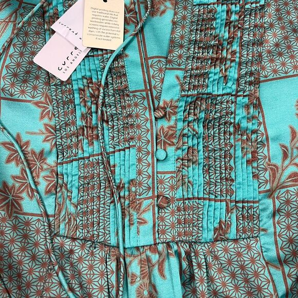 Current Air Anthropologie Blouse Long Sleeve V-Neck Women's S Teal Pleated NWT* - Picture 5 of 13